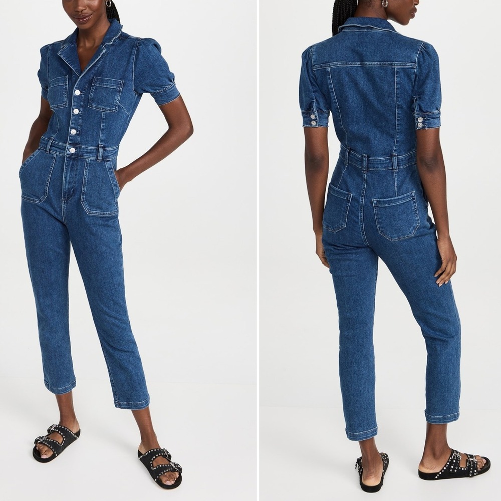 PAIGE Mayslie Straight Ankle Jumpsuit Janelle Dark Wash Denim Puff Sleeve Size 8